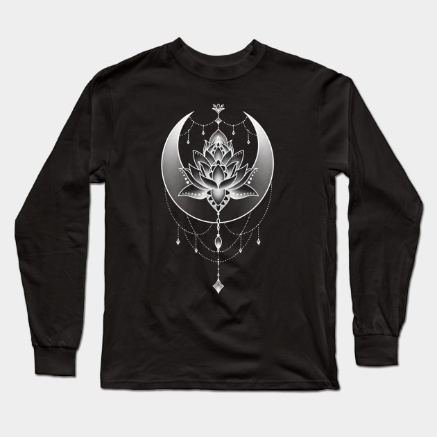 Celestial Crescent Moon and Lotus Flower Design Long Sleeve T-Shirt by Helena Morpho 